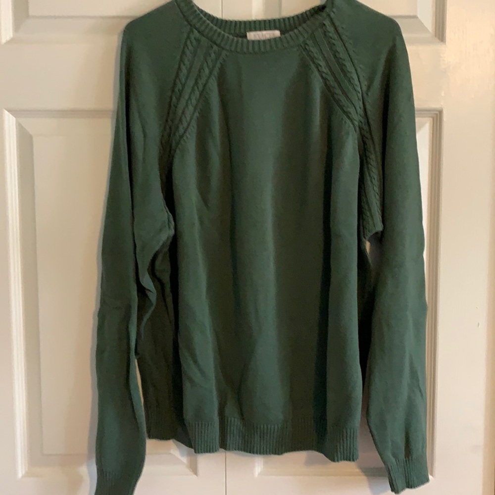 Green long sleeved sweater.